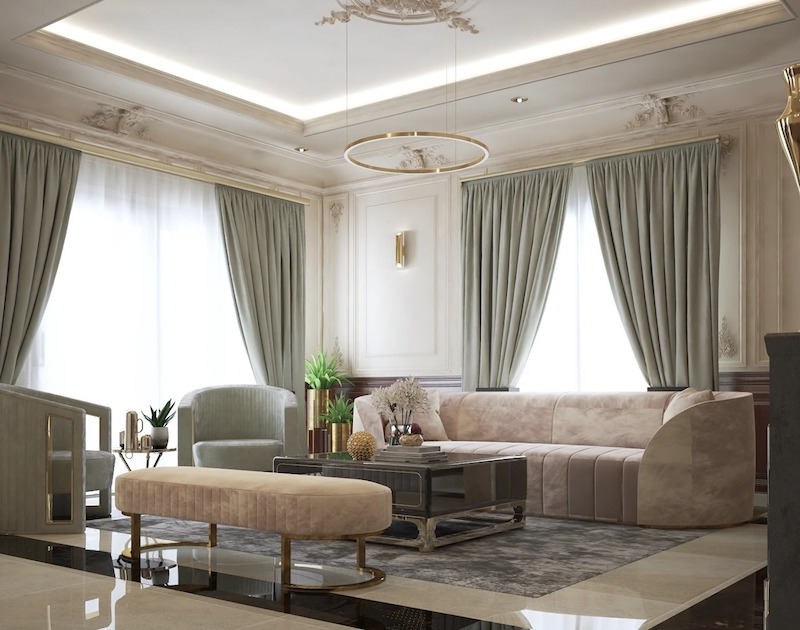 Phòng khách Tân cổ điển tích hợp sảnh đón, nổi bật với phào chỉ tinh xảo, sofa nhung mềm mại và ánh sáng dịu, tạo ấn tượng sang trọng ngay lối vào