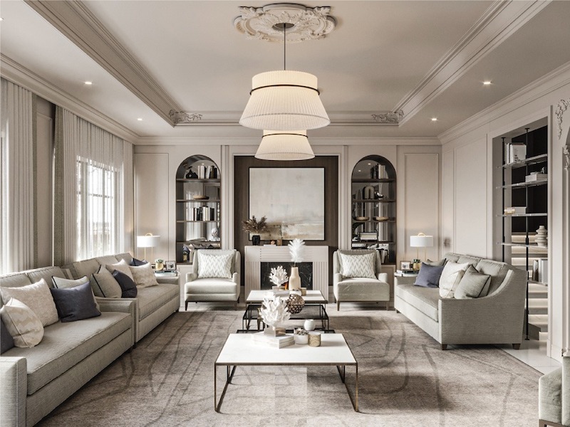 Nội thất phòng khách tân cổ điển nổi bật bởi bố cục đối xứng, vật liệu cao cấp và điểm nhấn trang trí sang trọng, bền vững theo thời gian