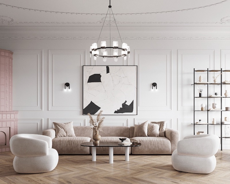 Sofa module mềm mại kết hợp tranh trừu tượng và đèn thả tối giản, tạo cảm giác sang trọng nhưng rất thư thái