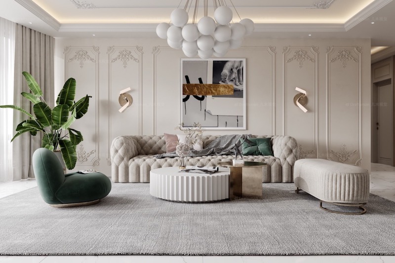 Không gian tinh tế với sofa chần, phào chỉ tường cổ điển, đèn thả nghệ thuật và bảng màu trung tính sang trọng, cân bằng thẩm mỹ và tiện nghi