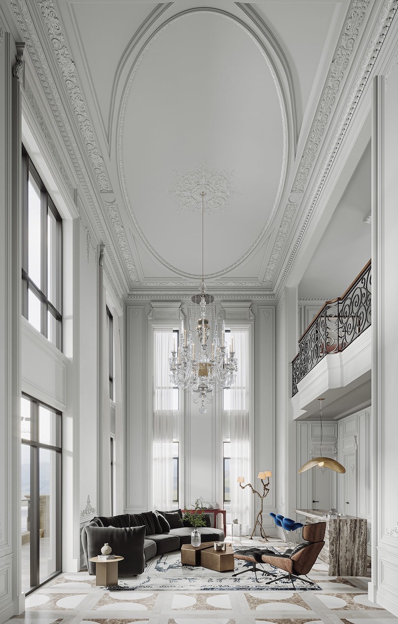 Thiết kế phòng khách mang tinh thần Tân cổ điển đương đại, gây ấn tượng mạnh bởi chiều cao trần vượt chuẩn, hệ phào chỉ tinh xảo và bố cục đối xứng