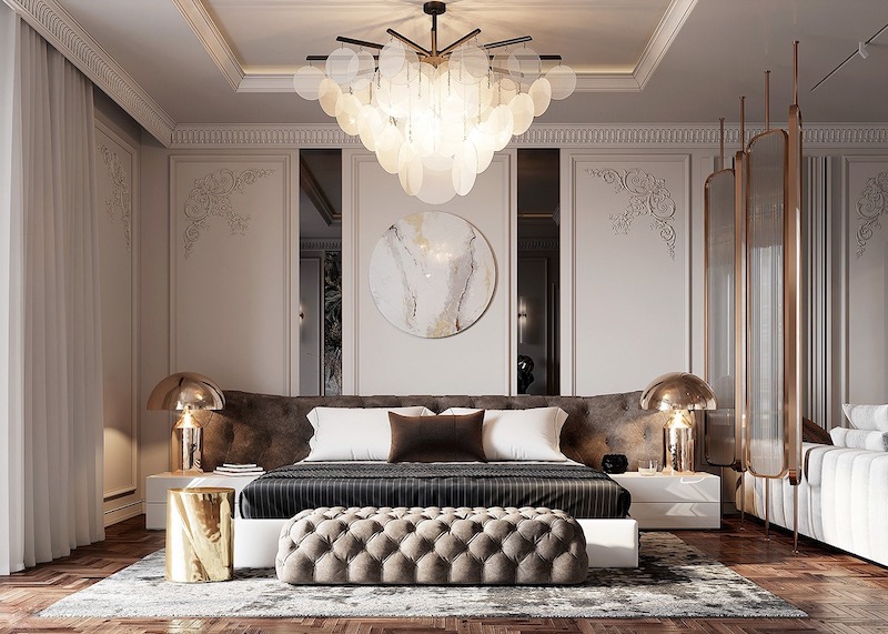 Giường bọc nệm rút trám kết hợp đèn trang trí ánh kim sang trọng, điểm nhấn là đèn thả nghệ thuật tạo chiều sâu và cảm giác nghỉ dưỡng cao cấp