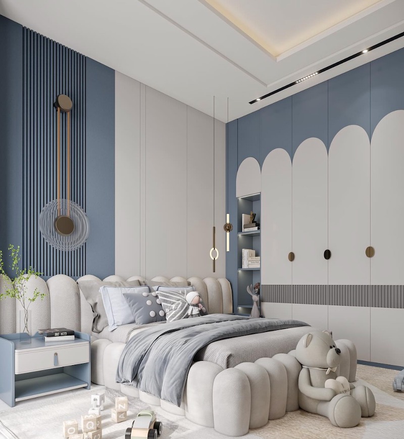 Thiết kế tân cổ điển đương đại cho bé trai, gam xanh - kem dịu mắt, đường cong mềm mại và hệ tủ vòm tinh tế, vừa an toàn vừa nuôi dưỡng gu thẩm mỹ sớm