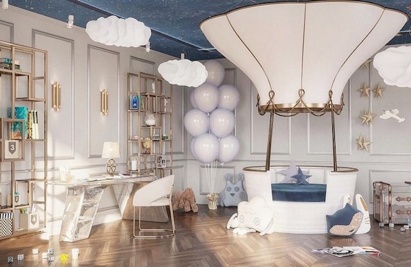 Phòng ngủ bé trai tân cổ điển lấy cảm hứng bầu trời sao, bảng màu xanh - trắng tinh tế, phào chỉ mềm mại kết hợp nội thất vui nhộn, nuôi dưỡng trí tưởng tượng
