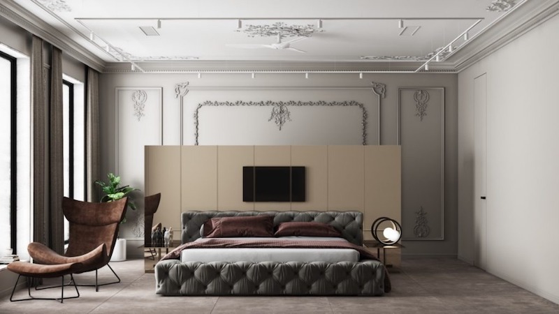 Không gian phòng ngủ tân cổ điển với phào chỉ tinh tế, bố cục đối xứng và nội thất bọc nệm cao cấp, mang lại cảm giác sang trọng, thư thái cho gia chủ