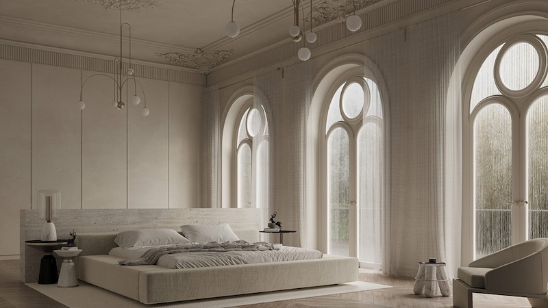 Không gian tân cổ điển nhẹ nhàng với cửa vòm cao, phào trần tinh xảo, bảng màu trung tính và ánh sáng tự nhiên, mang lại cảm giác thư thái, riêng tư cho vợ chồng