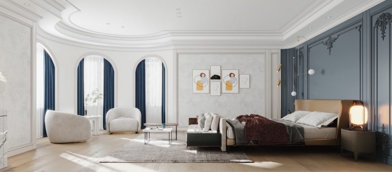 Phòng ngủ dành cho hai người với cửa vòm mềm mại, tường xanh nhấn phào chỉ, nội thất cân đối và ánh sáng tự nhiên, tạo cảm giác sang trọng nhưng vẫn ấm cúng