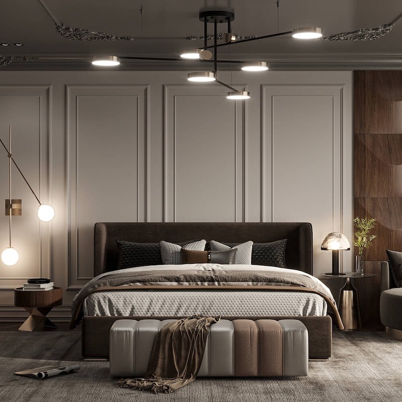 Phong cách hiện đại pha cổ điển với giường bọc nệm tối màu, đèn trang trí độc đáo và ánh sáng phân lớp, tạo chiều sâu và nét sang trọng tinh tế