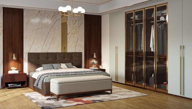 Không gian ấm áp với giường bọc nỉ êm ái, tủ áo cánh kính sang trọng và ánh sáng dịu nhẹ, đảm bảo sự thoải mái, an yên cho người lớn tuổi