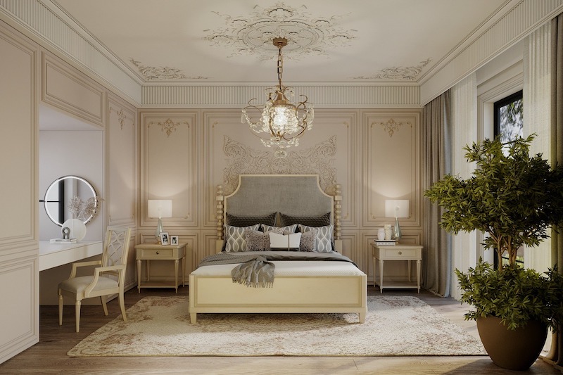 Không gian phòng ngủ toát lên vẻ sang trọng vượt thời gian với phào chỉ tinh xảo, giường bọc nỉ cao cấp và ánh sáng vàng dịu, tạo cảm giác nghỉ dưỡng chuẩn biệt thự