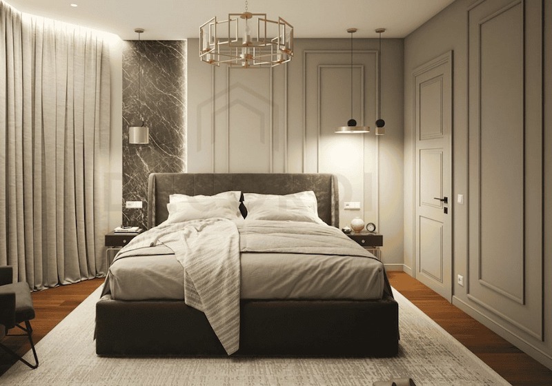 Phối màu trung tính ấm, đầu giường bọc nệm êm ái kết hợp đá vân tối và đèn trang trí, tạo cảm giác sang trọng, thư giãn