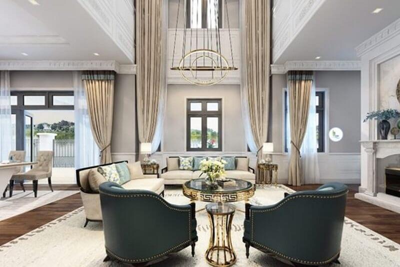 Thiết kế Neo-Classic sang trọng với khoảng thông tầng bề thế, kết hợp nội thất xanh vinh hoa cùng chi tiết kim loại mạ vàng, tạo nên không gian sống quyền quý
