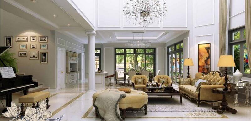 Nội thất Tân cổ điển Pháp với sofa bọc nhung vàng quý tộc, đèn chùm lộng lẫy và không gian ngập tràn ánh sáng tự nhiên từ sân vườn