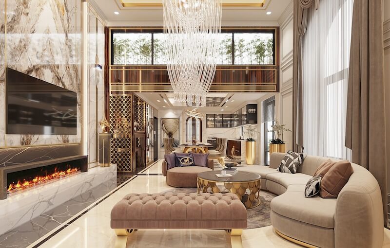 Thiết kế hiện đại đẳng cấp với vách đá marble vân mây khổ lớn, đèn chùm thả trần nghệ thuật và nội thất uốn cong mềm mại, sang trọng