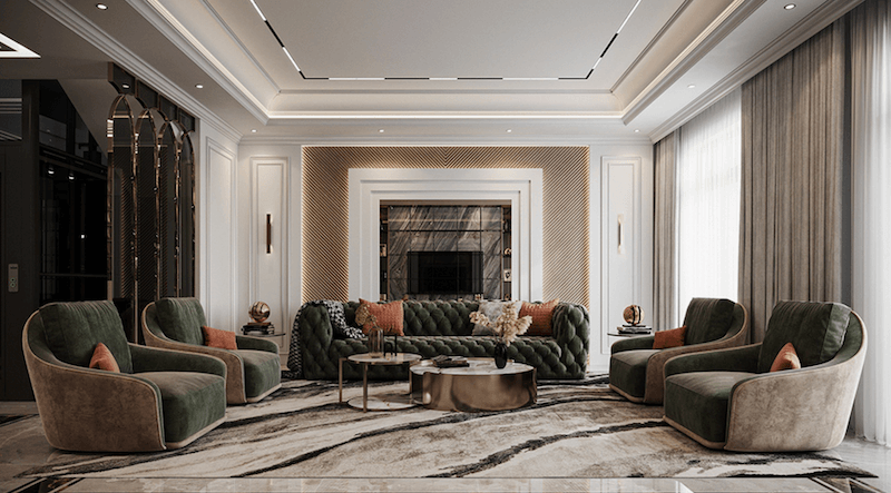 Phòng khách tân cổ điển hiện đại với sofa nhung xanh rêu nổi bật, phào chỉ tinh tế, ánh sáng gián tiếp ấm áp và bố cục đối xứng tạo cảm giác sang trọng, ấm cúng