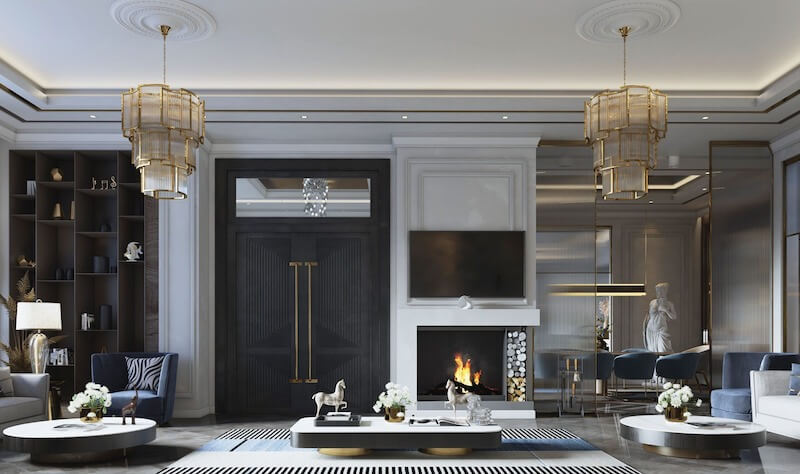 Sự kết hợp hoàn mỹ giữa cửa gỗ đen quyền lực, lò sưởi hiện đại và đèn chùm pha lê tầng bậc, khẳng định gu thẩm mỹ tinh tế