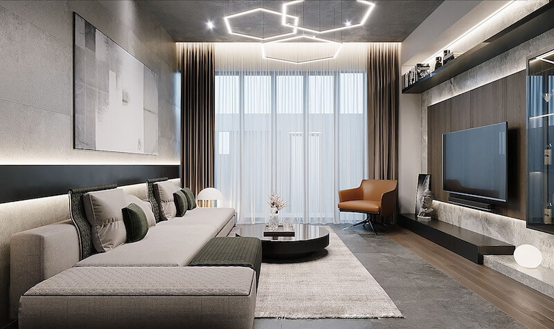 Không gian cá tính với mảng tường đá nhám, đèn trần lục giác sáng tạo và sofa bọc vải hiện đại, mang lại vẻ đẹp mạnh mẽ, thời thượng