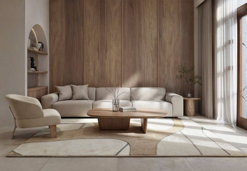 Phòng khách tối giản ấm áp với tông gỗ tự nhiên, sofa be mềm mại, bàn trà tròn thấp, ánh sáng dịu, bố cục thoáng, mang cảm giác thư thái, tinh tế