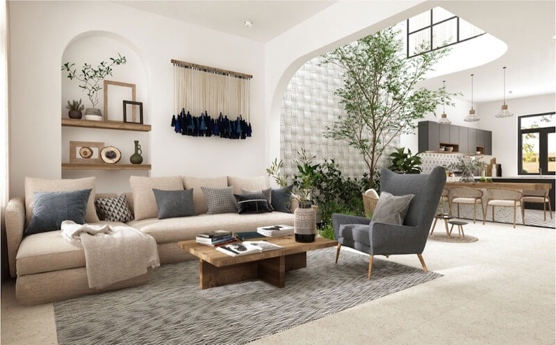 Đồ nội thất thiên về gỗ tự nhiên, sofa vải sáng, bàn trà gỗ khối thấp Mang lại cảm giác ấm áp, thư giãn, gần gũi thiên nhiên