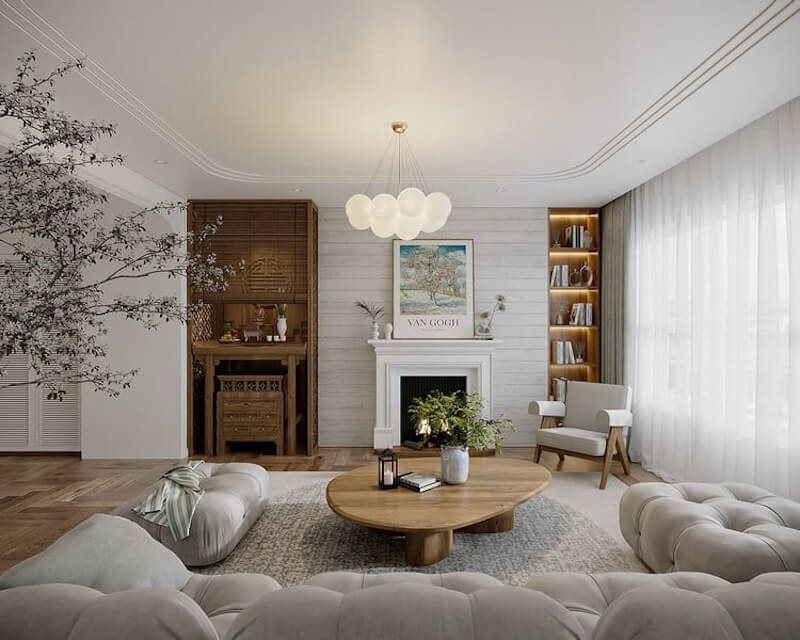 Sự kết hợp tinh tế giữa nội thất gỗ mộc mạc, sofa bập bềnh và khu vực thờ tự trang trọng, kiến tạo vẻ đẹp yên bình, tĩnh tại