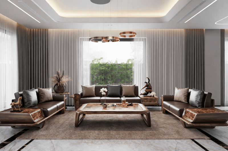 Nội thất gỗ óc chó nhập khẩu với đường vân sắc nét, kết hợp sofa da cao cấp kiến tạo không gian sống độc bản, đậm chất thượng lưu
