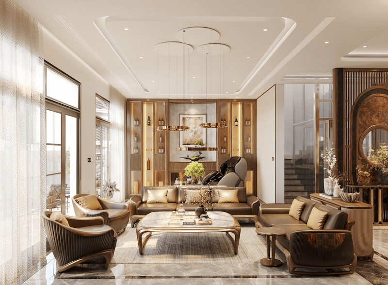 Bộ sofa da nâu bo cong, bàn trà gỗ vân tự nhiên và tủ rượu ánh vàng kết hợp đèn treo tinh xảo tạo nên phòng khách sang trọng, ấm áp, đẳng cấp