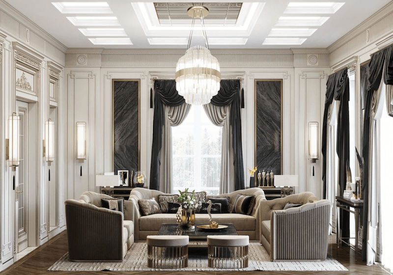 Sofa nhung be bo cong, bàn trà đá tối màu, đèn chùm pha lê và rèm lụa xếp lớp hòa quyện, tạo nên phòng khách tân cổ điển sang trọng, tinh tế, quý phái