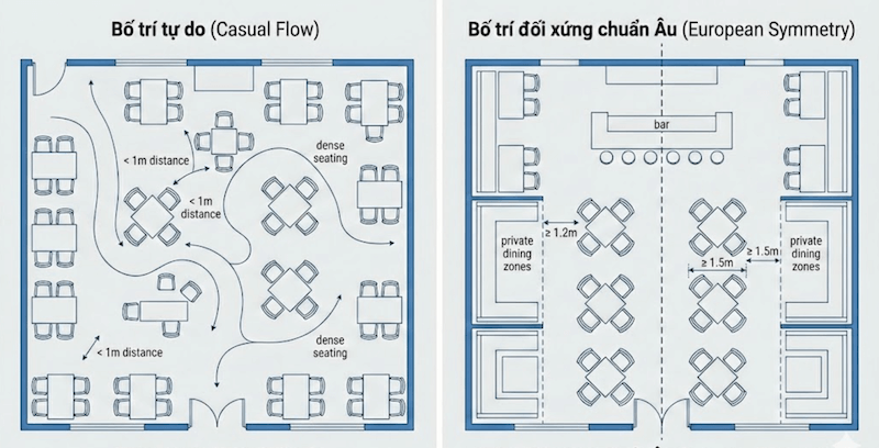 Nguyên tắc đối xứng giúp không gian nhà hàng Châu Âu sang trọng, cân bằng thị giác, dễ định hướng, tăng riêng tư cho thực khách và tối ưu luồng phục vụ