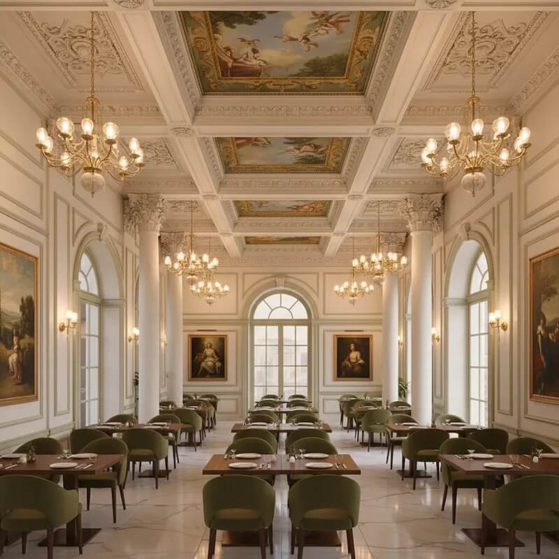 Không gian nhà hàng tân cổ điển ưu tiên ánh sáng vàng ấm, đèn chùm thanh thoát và đèn hắt tường nhẹ nhàng, giúp tôn lên vẻ đẹp tinh tế của kiến trúc nội thất