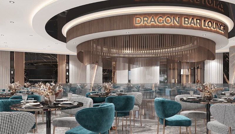 Ánh sáng trong nhà hàng Hiện đại được điều phối theo lớp, tạo hiệu ứng thị giác mạnh mẽ và chiều sâu không gian rõ