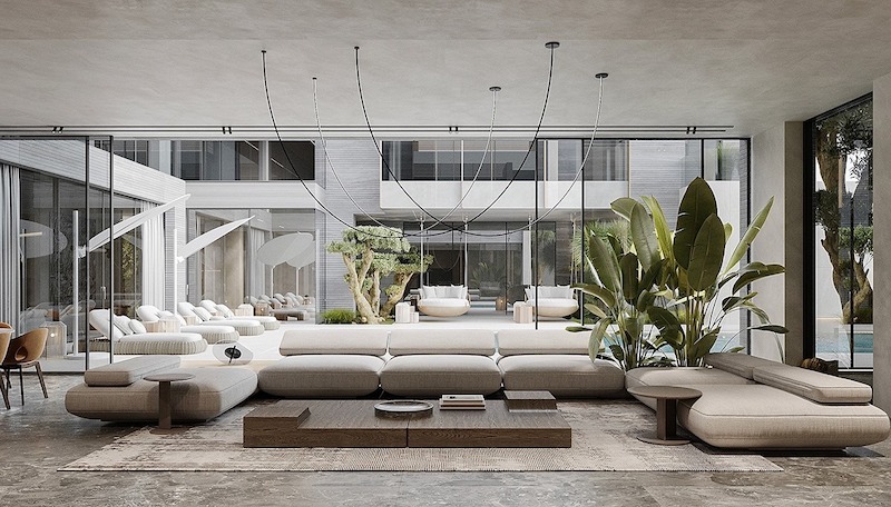 Bàn trà gỗ bản lớn giữ nhịp không gian, hệ kính lớn mở rộng tầm nhìn, kết nối trọn vẹn thiên nhiên bên ngoài