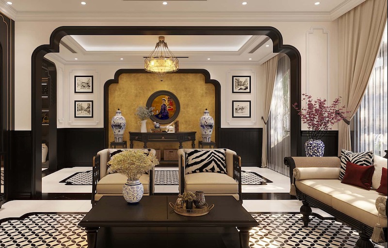 Không gian phòng khách Indochine sang trọng với vòm cong đặc trưng, gỗ tối màu, gạch hoa cổ điển, gốm sứ trang trí, ánh sáng vàng ấm gợi nét Đông Dương tinh tế
