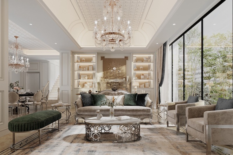 Phong cách tân cổ điển nổi bật với đèn chùm pha lê xảo và bộ sofa bọc nhung thanh lịch, tạo điểm nhấn sang trọng
