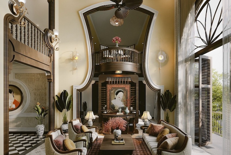 Không gian Indochine sang trọng với vòm cong đặc trưng, gỗ tối màu, quạt trần cổ điển, gạch hoa, đồ gốm sứ, tạo cảm giác hoài niệm Á Đông tinh tế