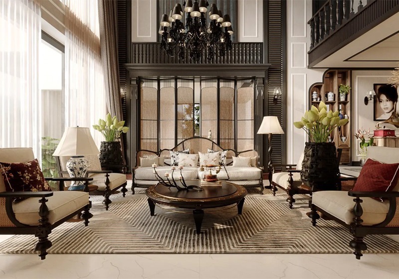 Bộ sofa gỗ tối màu kết hợp mây đan, đèn chùm cổ điển và bình gốm hoa văn tạo nên không gian sang trọng, hoài niệm, đậm chất Đông Dương