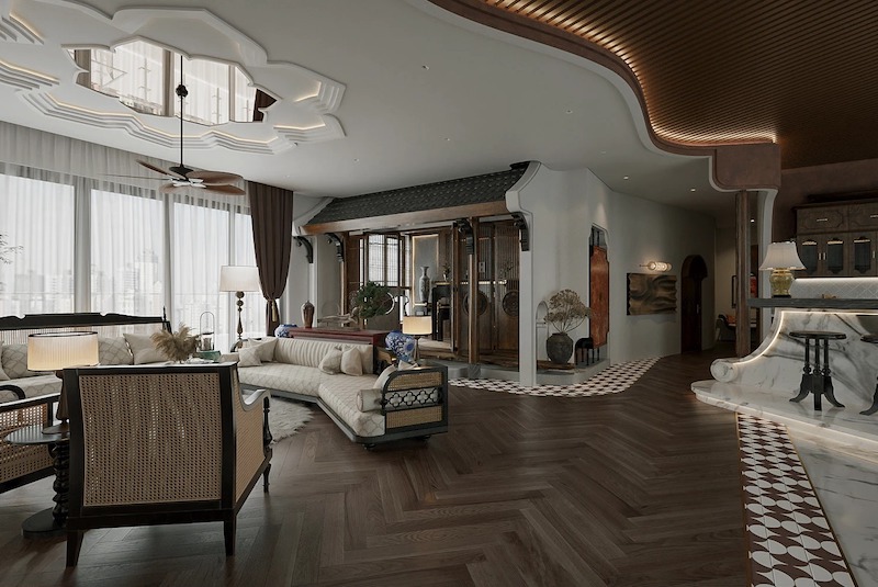 Bộ sofa mây đan khung gỗ tạo điểm ngồi thư giãn, sàn gỗ xương cá dẫn nhịp không gian, trần uốn cong kết hợp quạt trần gợi Indochine thanh lịch