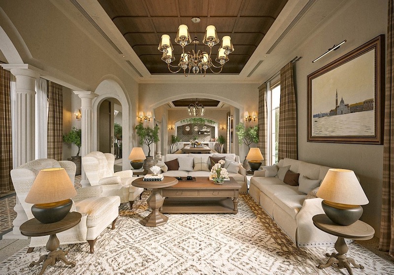 Bộ sofa vải sáng tạo cảm giác thư thái, bàn trà gỗ trung tâm cân bằng bố cục, đèn chùm cổ điển và vòm cột thạch cao định hình phong cách Địa Trung Hải