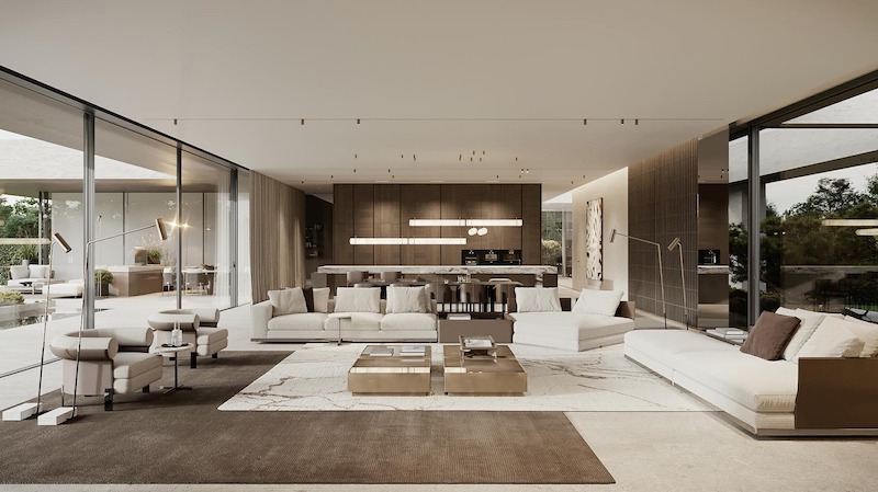 Sofa dáng thấp bọc vải sáng tạo bố cục thư giãn, bàn trà kim loại khối hộp phản chiếu ánh sáng, hệ đèn tuyến tính nhấn trần cao, mở rộng cảm giác sang trọng, đương đại