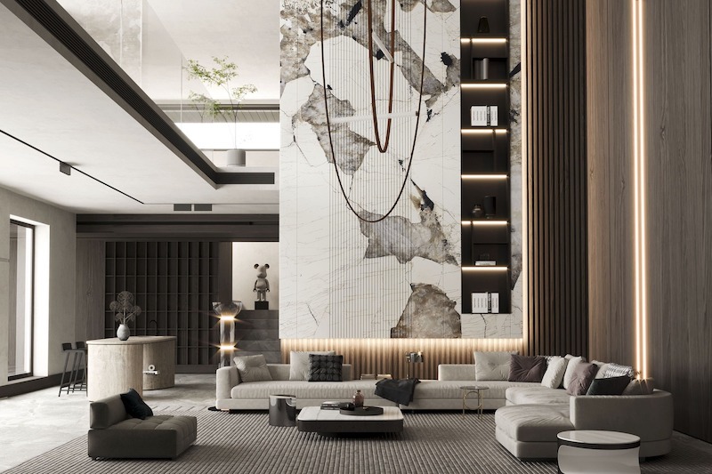 Thiết kế phòng khách tập trung mở rộng trần cao, nhấn mạnh mảng tường nghệ thuật và bố trí nội thất thấp, tạo cảm giác sang trọng, thoáng đãng