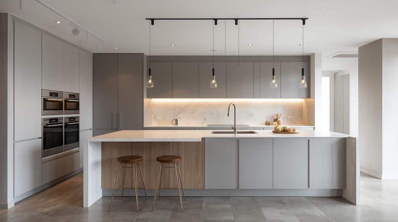 Bố cục tối giản, tủ phẳng trung tính, đảo liền mạch, ánh sáng tuyến tính tinh tế, vật liệu đá gỗ hài hòa, hiện đại