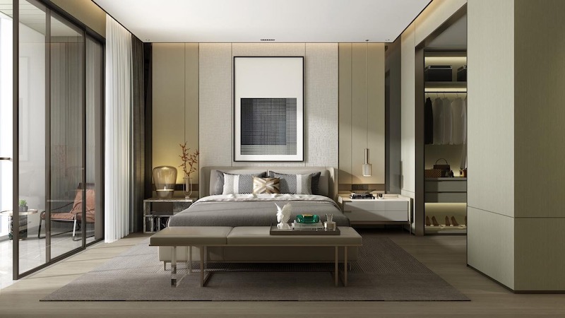 Ánh sáng tự nhiên chan hòa qua hệ cửa kính lớn, kết hợp bảng màu trung tính, nội thất tối giản và vật liệu cao cấp, mang lại cảm giác thư thái, sang trọng, cân bằng