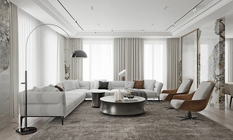 Tinh thần Less is More thể hiện qua bảng màu trung tính, nội thất tinh gọn, đường nét rõ ràng, tập trung ánh sáng, vật liệu và cảm giác thư thái sang trọng