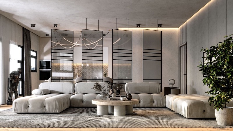 Bảng màu trung tính như xám, be, kem làm chủ đạo, tạo cảm giác sang trọng, dịu mắt và bền vững