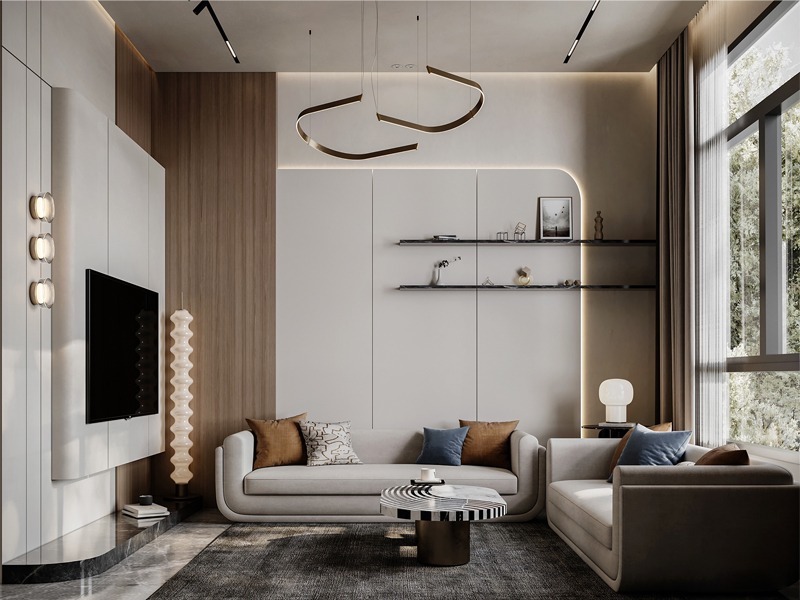 Vật liệu trong phong cách đương đại được chọn lọc độc đáo, kết hợp gỗ, đá, kim loại và vải hiện đại, tạo chiều sâu thẩm mỹ và cảm giác khác biệt cho không gian