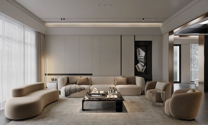 Bố cục nội thất của biệt thự liền kề ưu tiên không gian mở theo trục dọc để tăng cảm giác liền mạch và giảm sự chia cắt