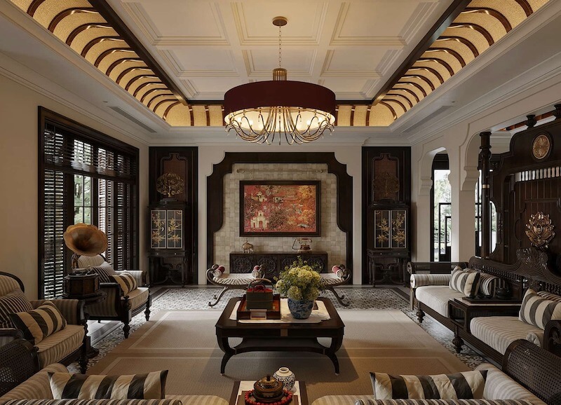 Nội thất Indochine Luxury ưu tiên vật liệu tự nhiên như gỗ, đá, mây tre kết hợp hoa văn Á Đông tiết chế và chi tiết hoàn thiện cao cấp
