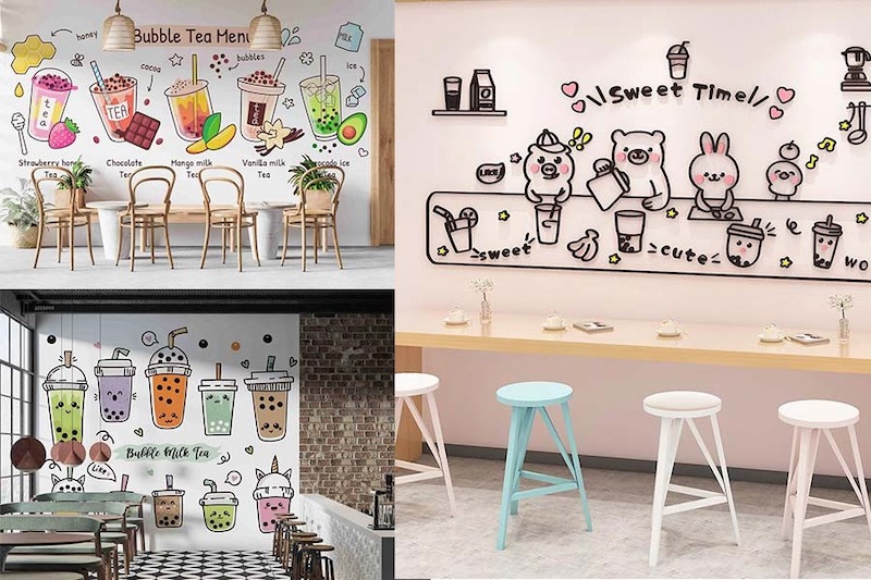 Quán trà sữa ăn vặt sử dụng gam màu pastel nhẹ nhàng kết hợp hình vẽ dễ thương trên tường, tạo không gian trẻ trung, thân thiện và thu hút khách Gen Z