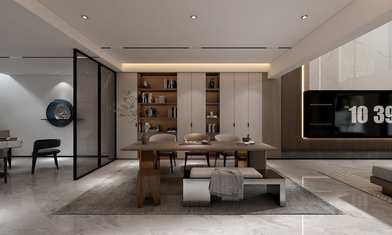 Khu vực phòng ăn được thiết kế tối giản với bàn gỗ lớn, hệ tủ âm tường, ánh sáng gián tiếp ấm áp, tạo cảm giác tinh tế và sang trọng