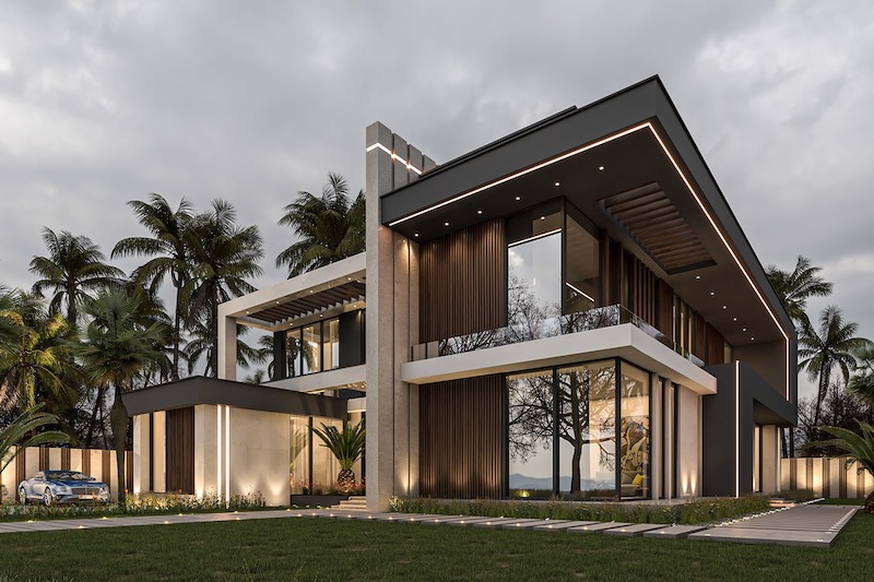 Villa nổi bật với khối kiến trúc vườn rộng, mảng kính lớn, lam gỗ và hệ đèn viền tinh tế, tạo diện mạo sang trọng, đậm chất nghỉ dưỡng