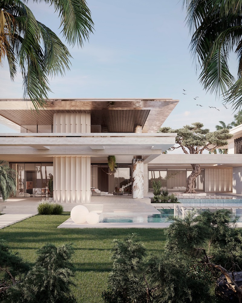 Ẩn mình giữa hàng cọ và thảm xanh, căn villa mở ra không gian nghỉ dưỡng với mái đua rộng, hồ nước xen kẽ và vật liệu sáng màu đầy tinh tế